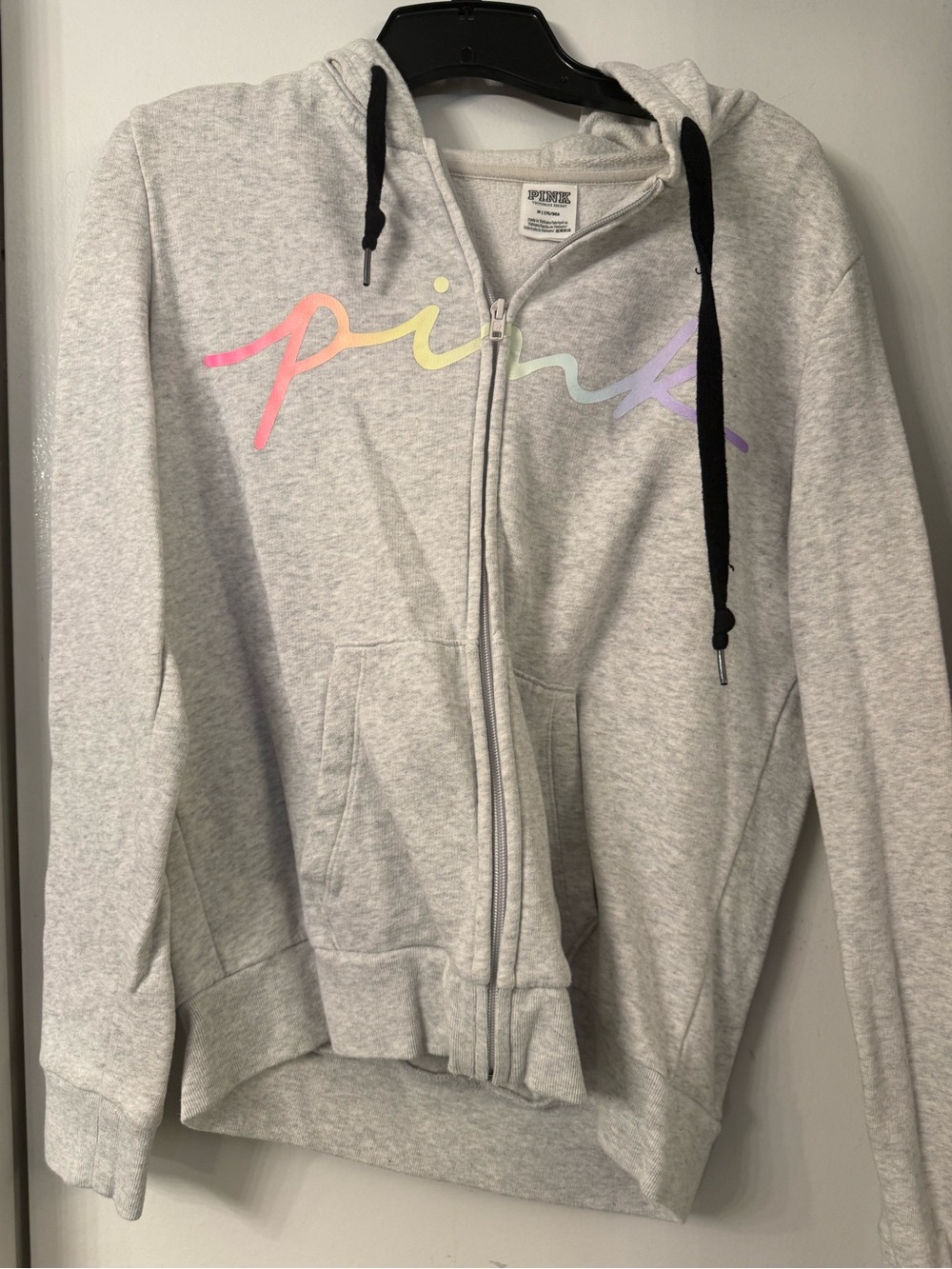 PINK Victoria's Secret Light Gray Zip-Up Hoodie with Pastel Logo